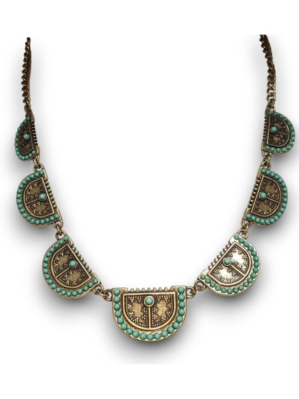 Lucky Brand Southwestern Boho Metal Turquoise Gold Tone Necklace 16 Inch